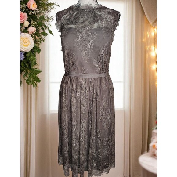 Hitherto Size 14 Taupe Sleeveless Dress, Sheer Lace Top, Lace Overlay Elegant - Picture 1 of 6